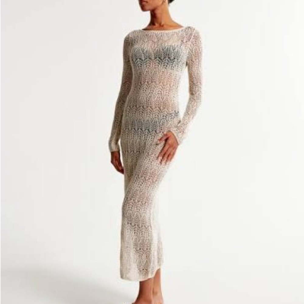 Abercrombie & Fitch Cream Crochet Maxi Long Sleeve Cover Up